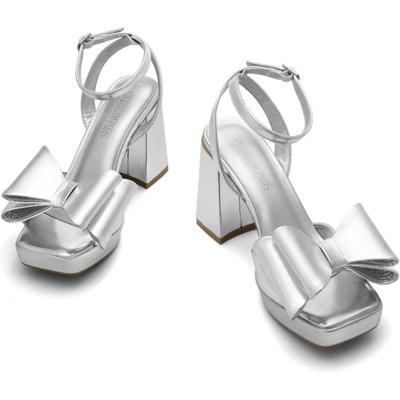 Dream Pairs Women Silver Chunky Heels Fashion High Block Square Toe Dress Sandal - Picture 4 of 7